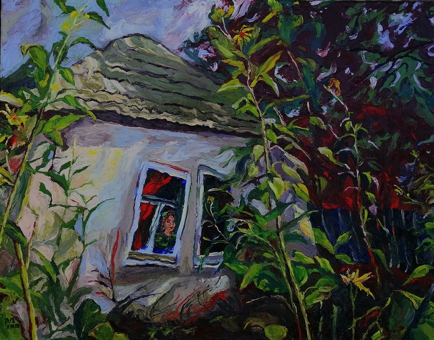 An oil on linen painting named Sunflower House by Oleg Tsank.