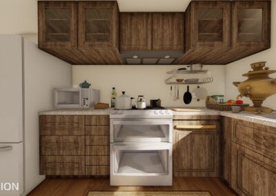a render of a kitchen with cabinets, a fridge, microwave, oven, and other appliances