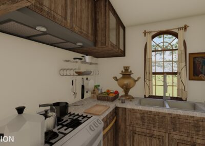 a render of a kitchen with cabinets, oven, sink and other appliances